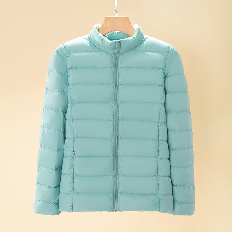 Short women's down jacket with stand-up collar