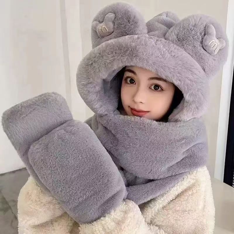 Women's plush hat with bear ears and scarf set
