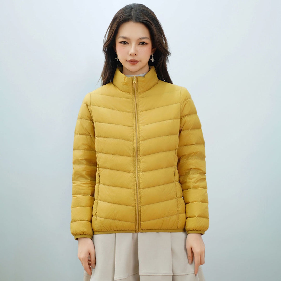 Light women's down jacket with stand-up collar