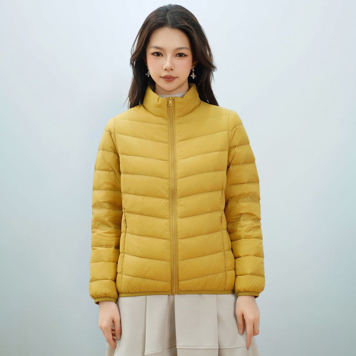Light women's down jacket with stand-up collar