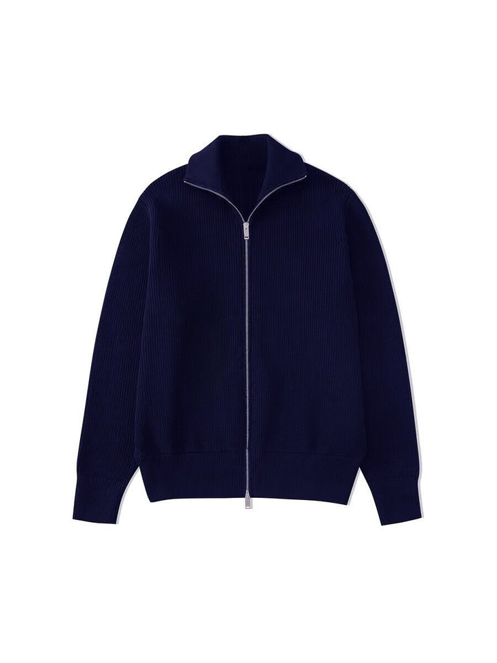 Loose women's knit sweater with zipper and stand-up collar