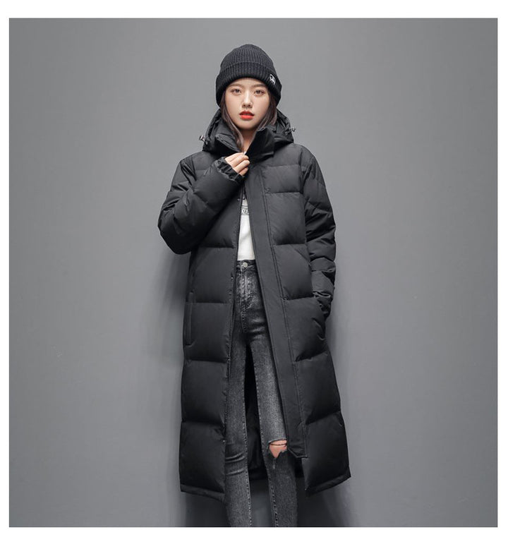 Long women's down coat, knee-length, padded, for winter