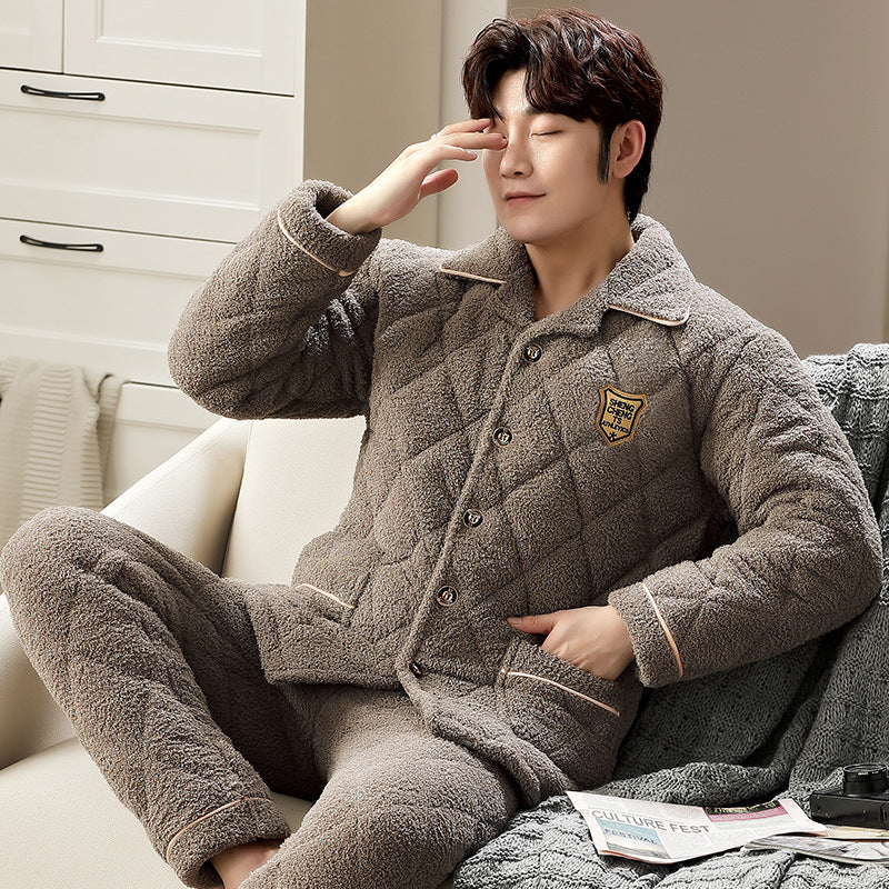 Men's pajamas, triple-layered quilted, warming
