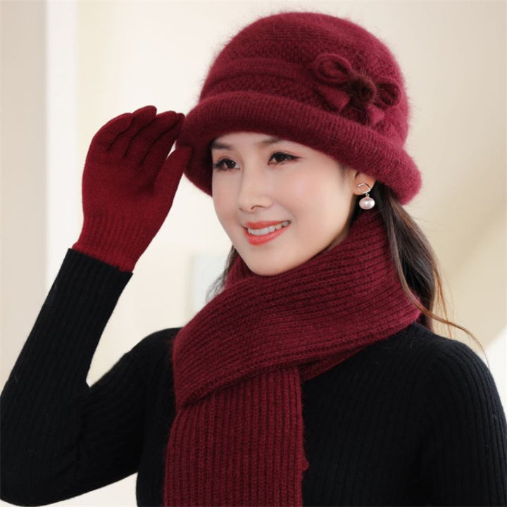 Knitted hat with scarf and gloves, women, winter