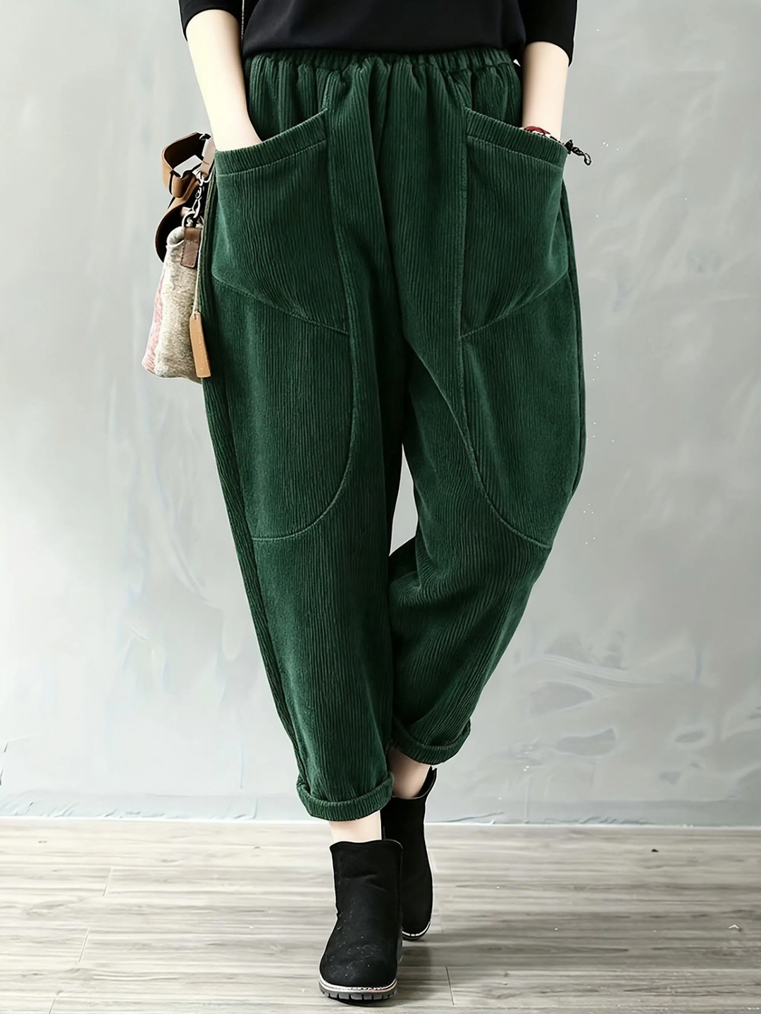 Fleece-lined cord harem pants with elastic waistband