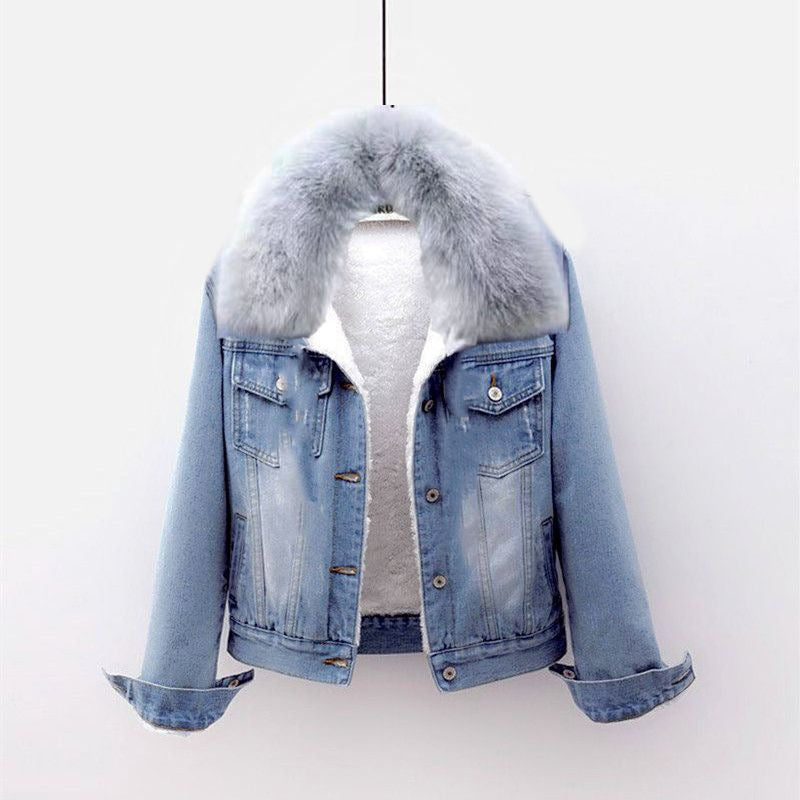 Padded denim jacket with large fur collar