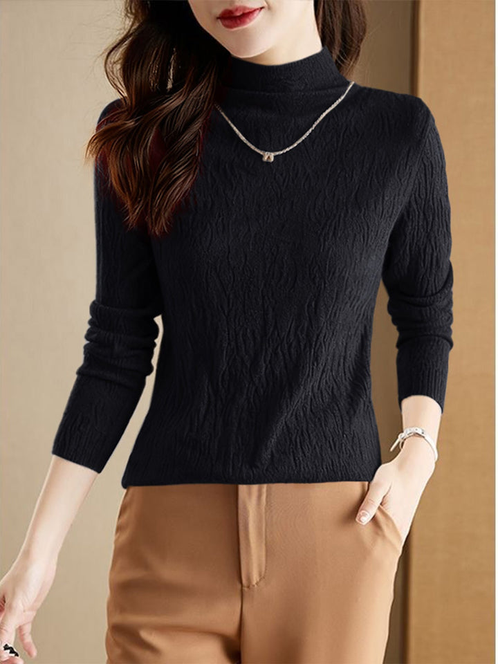 Women's wool sweater with stand-up collar, textured
