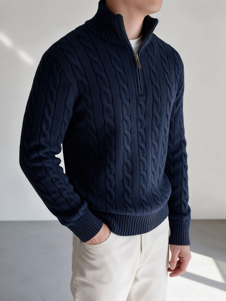Men's Knit Sweater, Stand Collar with Zipper, Cable Pattern