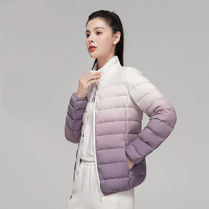 Women’s down jacket, short, with stand-up collar and gradient