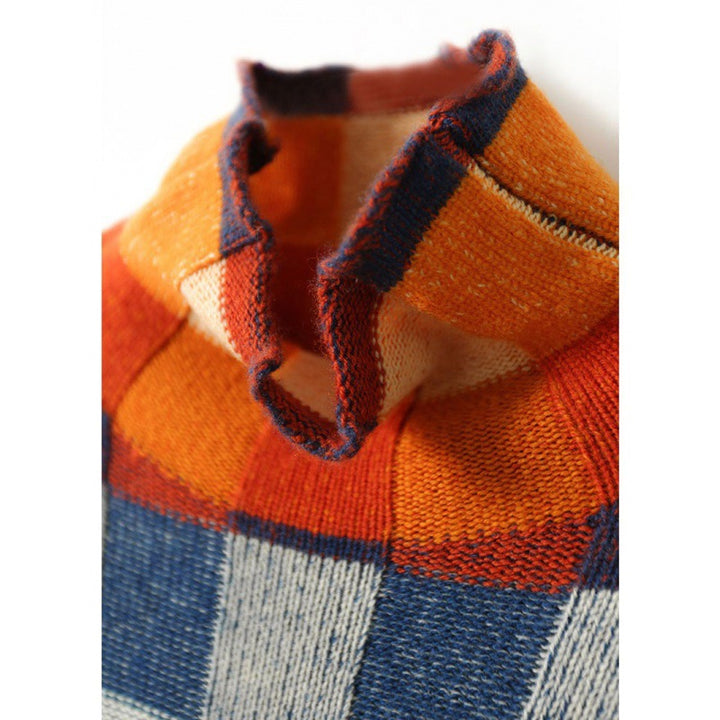 Women's knitted sweater, chessboard pattern, turtleneck
