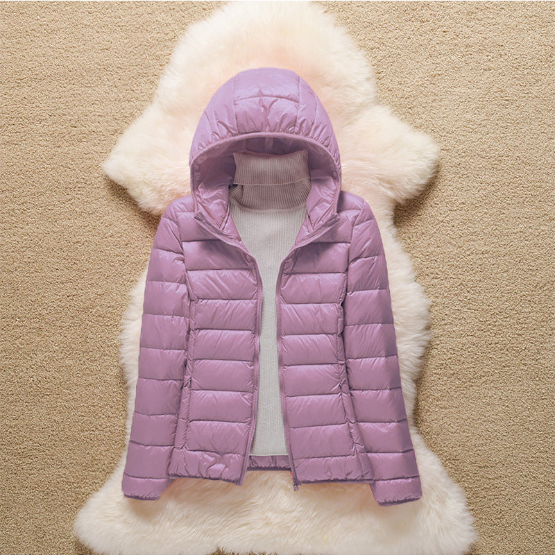 Light women's down jacket with hood and standing collar
