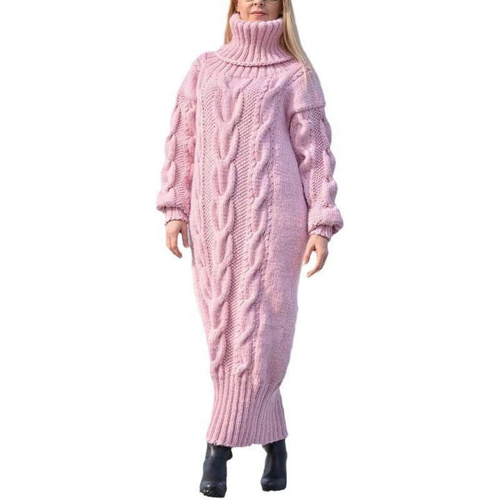 Long women's turtleneck sweater with cable pattern