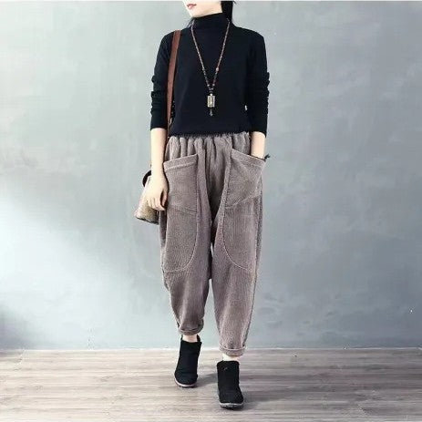 Fleece-lined cord harem pants with elastic waistband