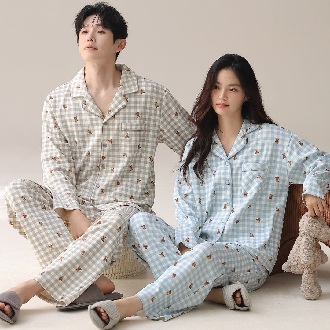 Cotton pajama set with shawl collar, long-sleeved