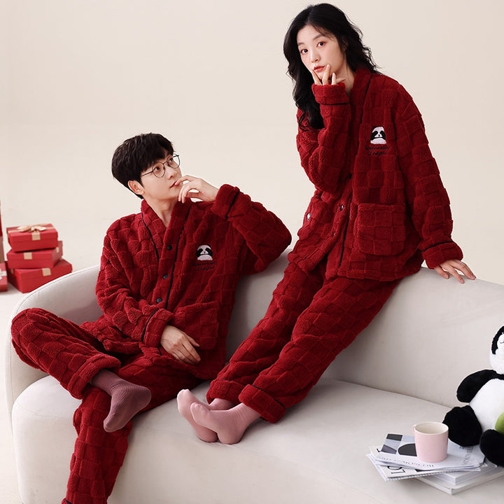 Pair-house suit made of coral fleece, V-neck, long sleeve