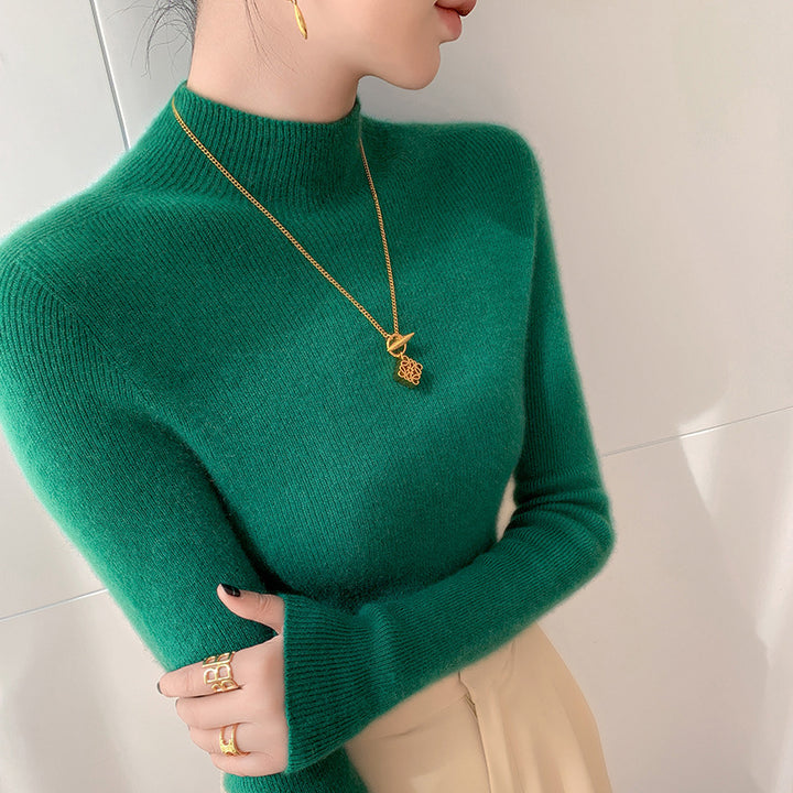 Women's cashmere sweater, stand-up collar, slim fit