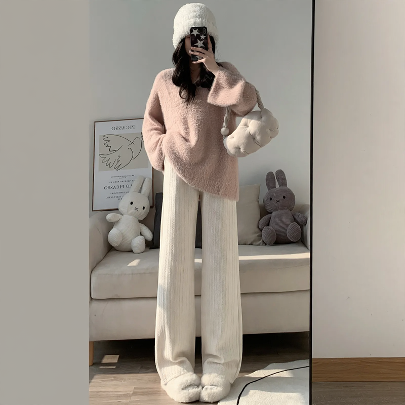 Chenille wide leg trousers for women, straight cut, autumn/winter