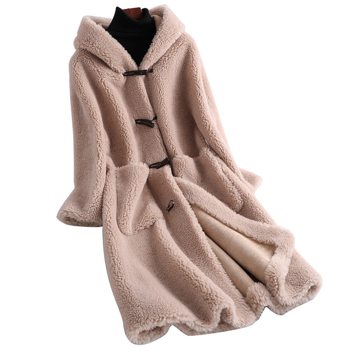 Women's sheepskin coat with hood, mid-length