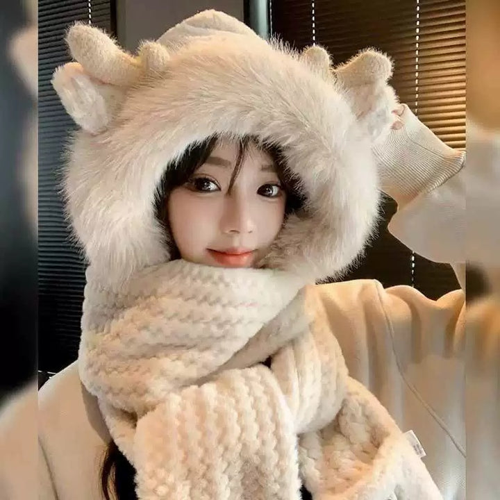 Women's Winter Set: Plush Hooded Hat with Scarf and Gloves