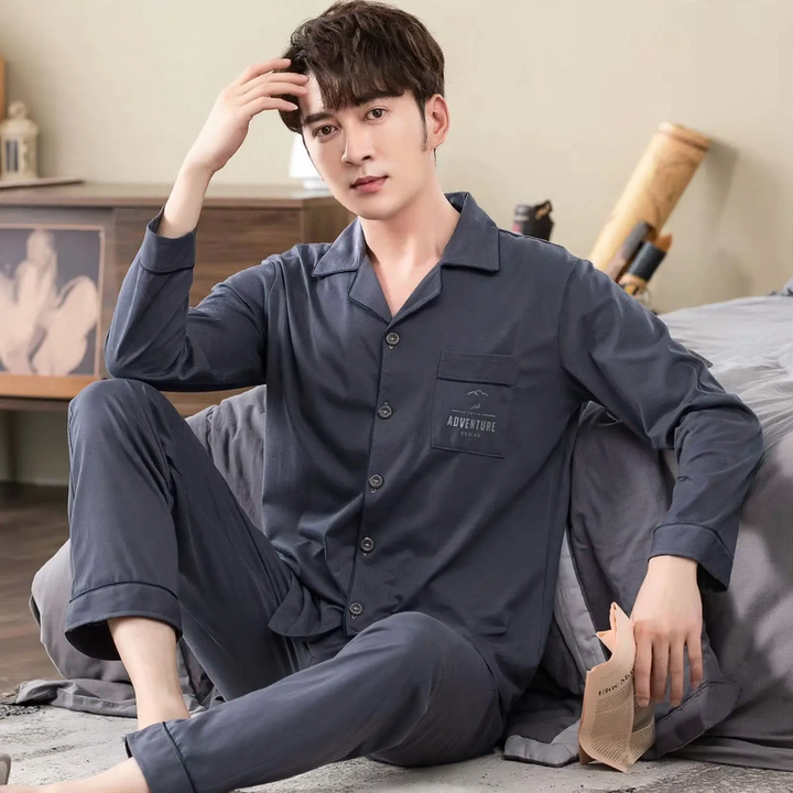 Men's Pajama Set, 100% Cotton, long-sleeved, buttoned