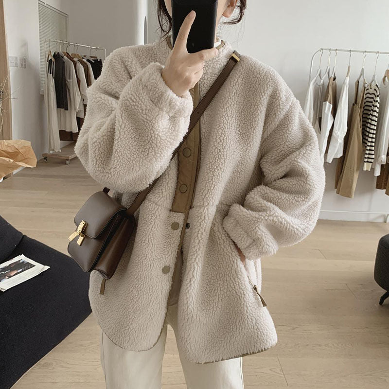 Women's lambskin imitation jacket, stand-up collar, lined
