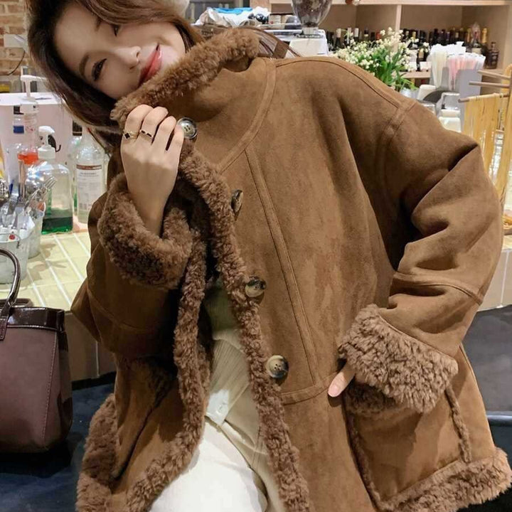Ladies' coat, lambskin look, suede finish, mid-length