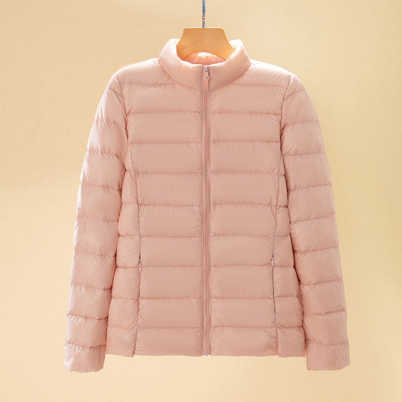 Short women's down jacket with stand-up collar