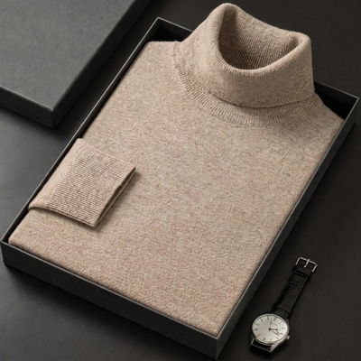 Men's wool sweater with roll neck, plain and warm