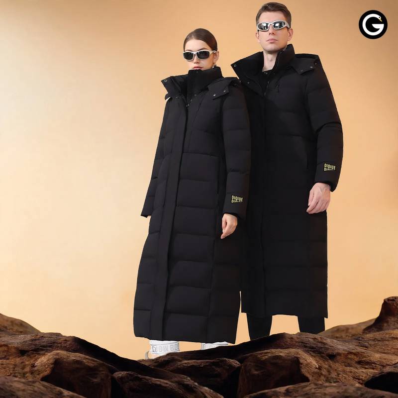 Long unisex down jacket with 95% white goose down filling