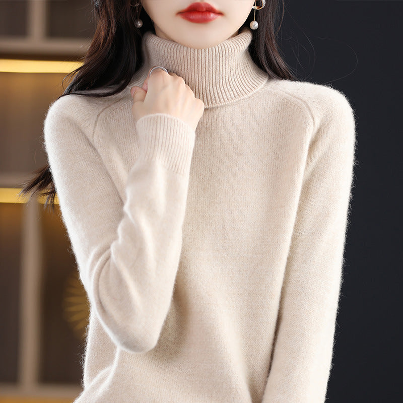 Women's knit pullover with stand-up collar, loose and long-sleeved