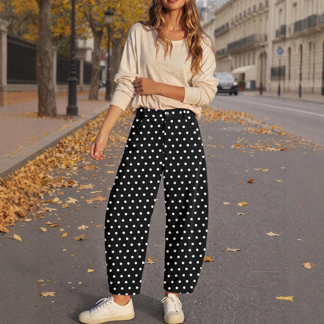 Cord pants with elastic waistband and polka dot pattern