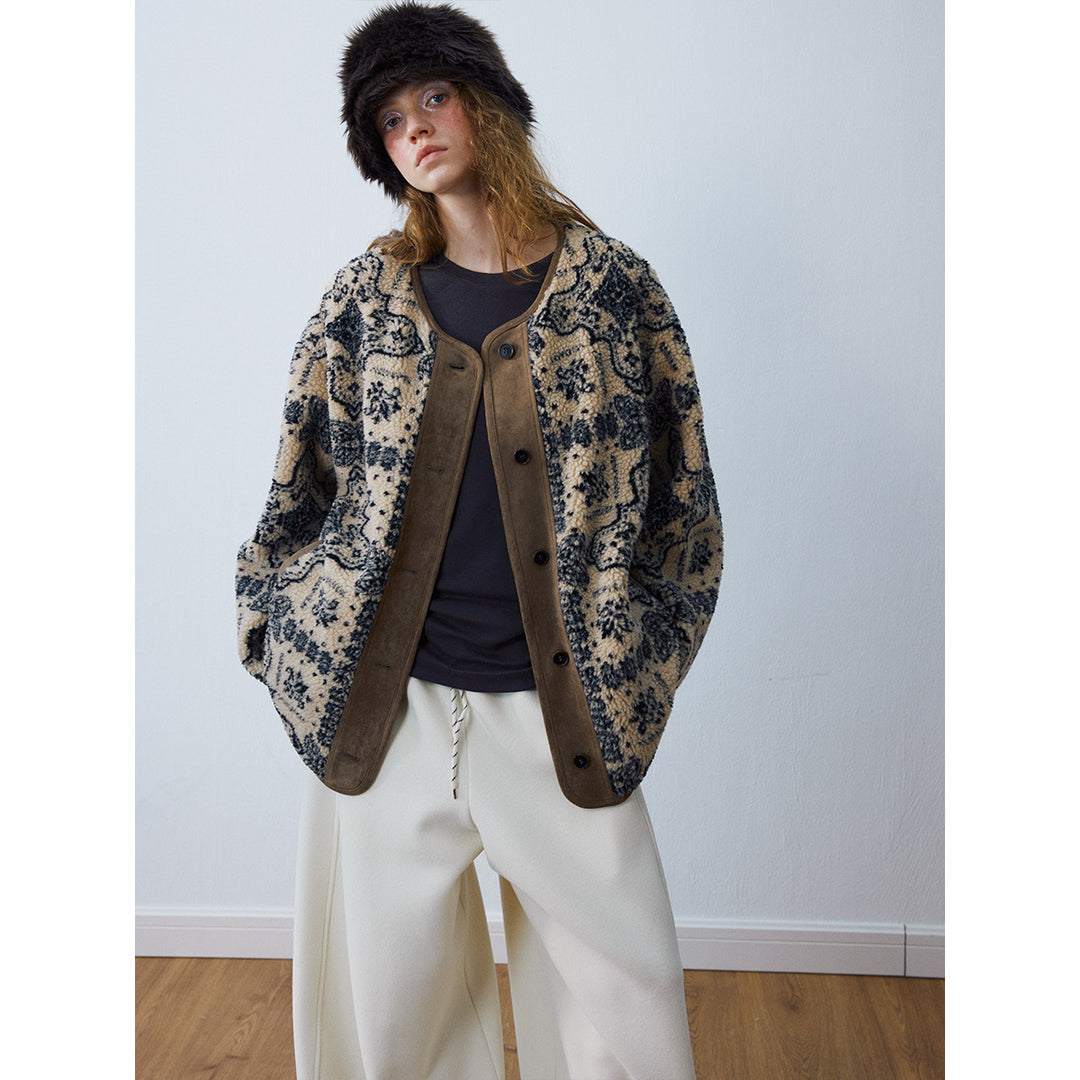 Women's plush jacket with round neck and pattern, model H9965
