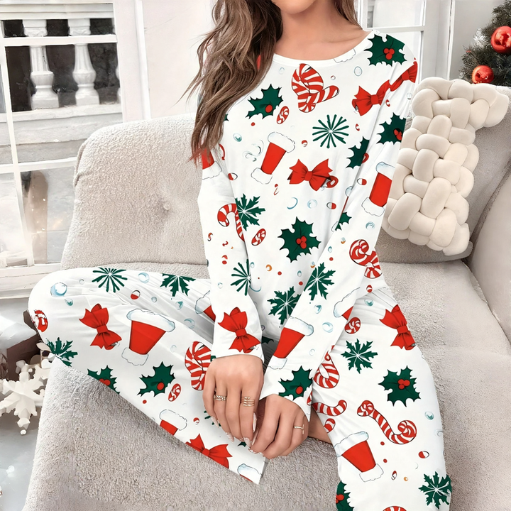 Women’s Pajama Set, Long Sleeve, Christmas Motif, Round Neck