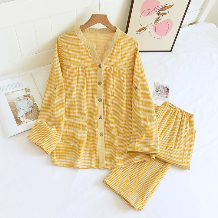 Women's pajama set made of cotton double gauze in check pattern