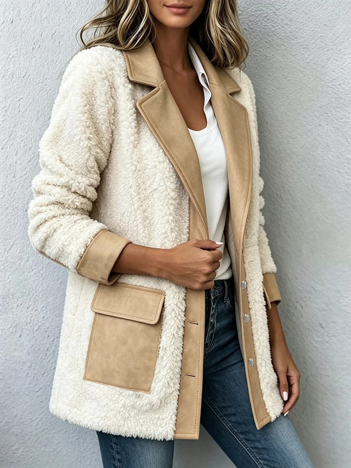 Lamb fleece jacket with lapels and button placket