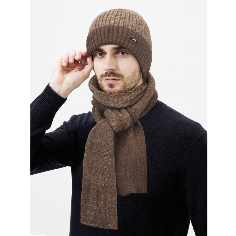 Knit Set: Beanie and long scarf with leather detail