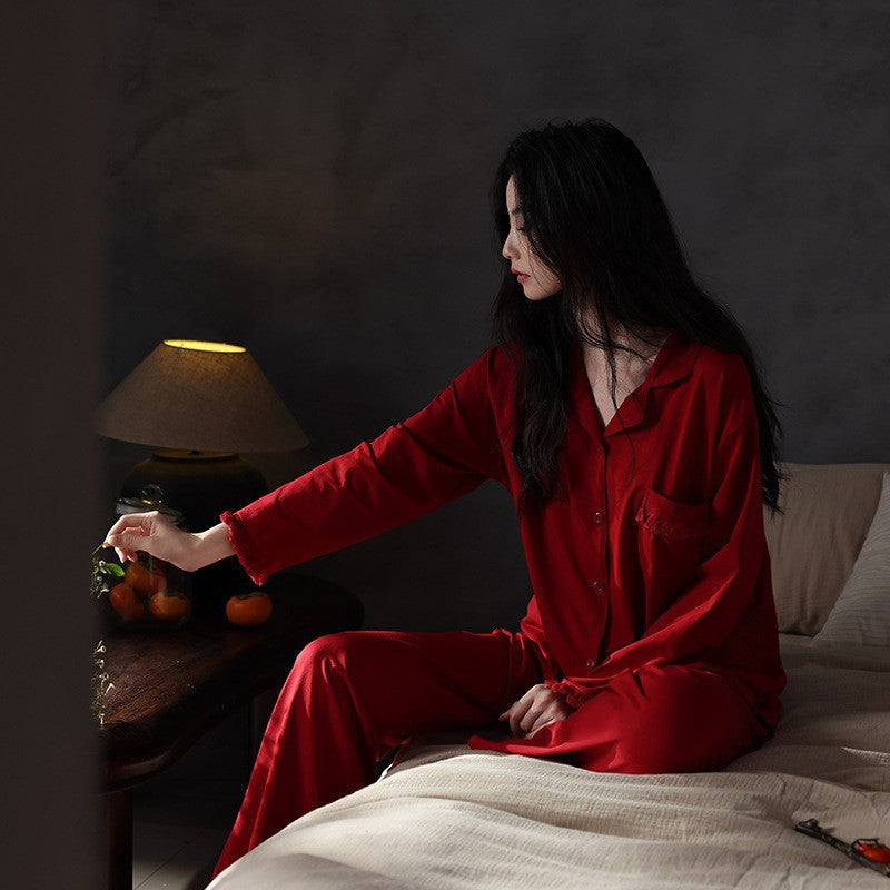 Cotton pajama set with button placket, long sleeves