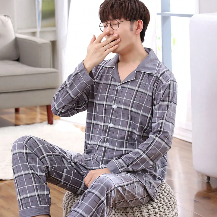 Men's Pajama Set, 100% Cotton, long-sleeved, buttoned