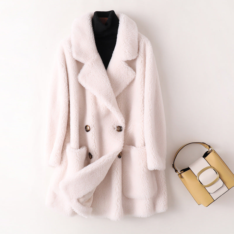 Women's coat made of lambskin imitation, medium length