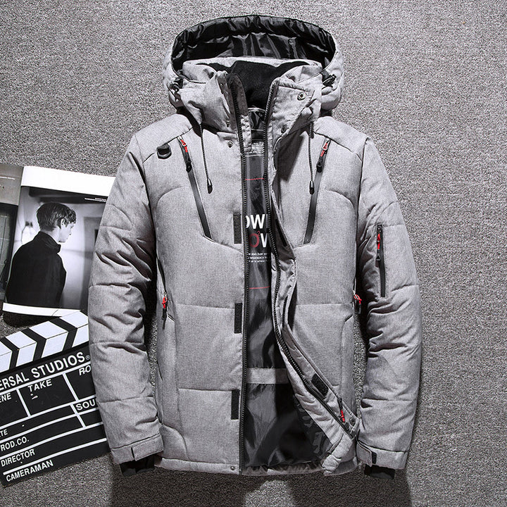 Padded men's down jacket with many pockets