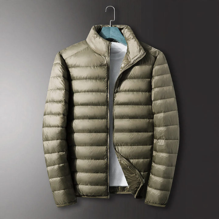 Light men's down jacket with hood, white duck down lining