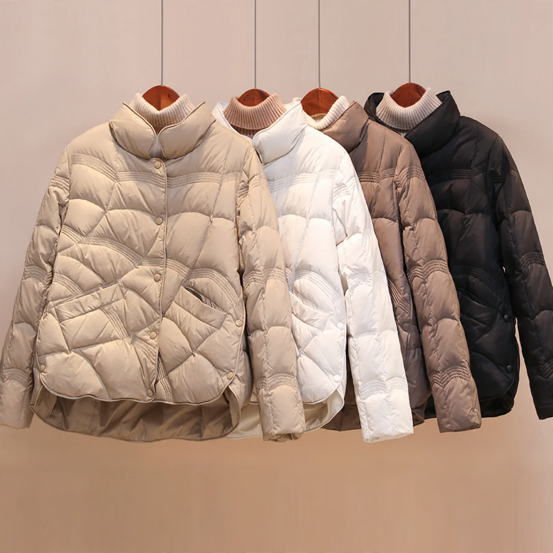 Short women's down jacket with stand-up collar