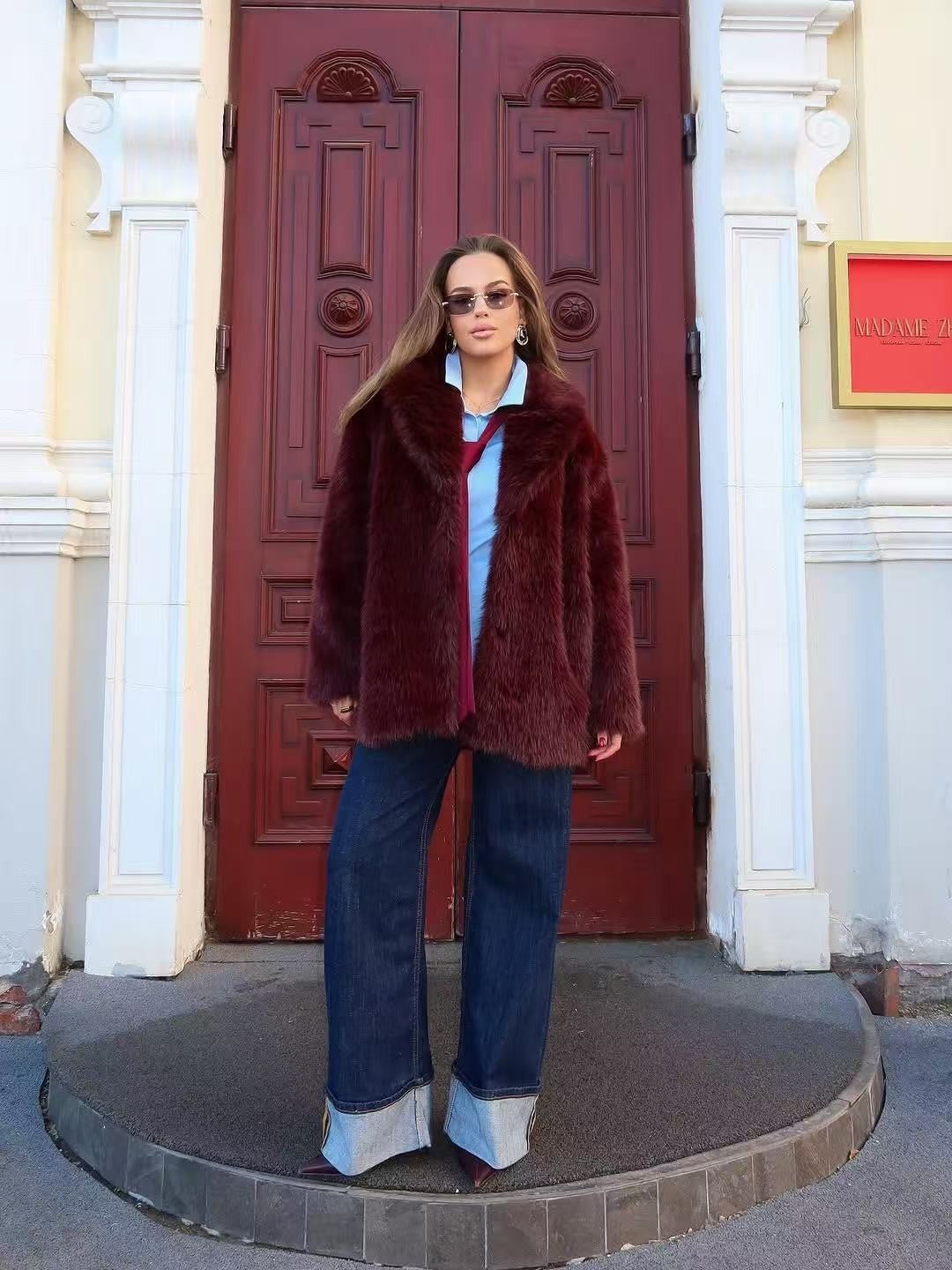 Long faux fur coat with large lapels