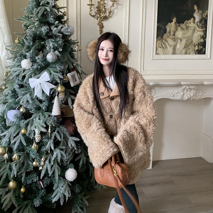 Reversible lamb fur imitation coat, medium length