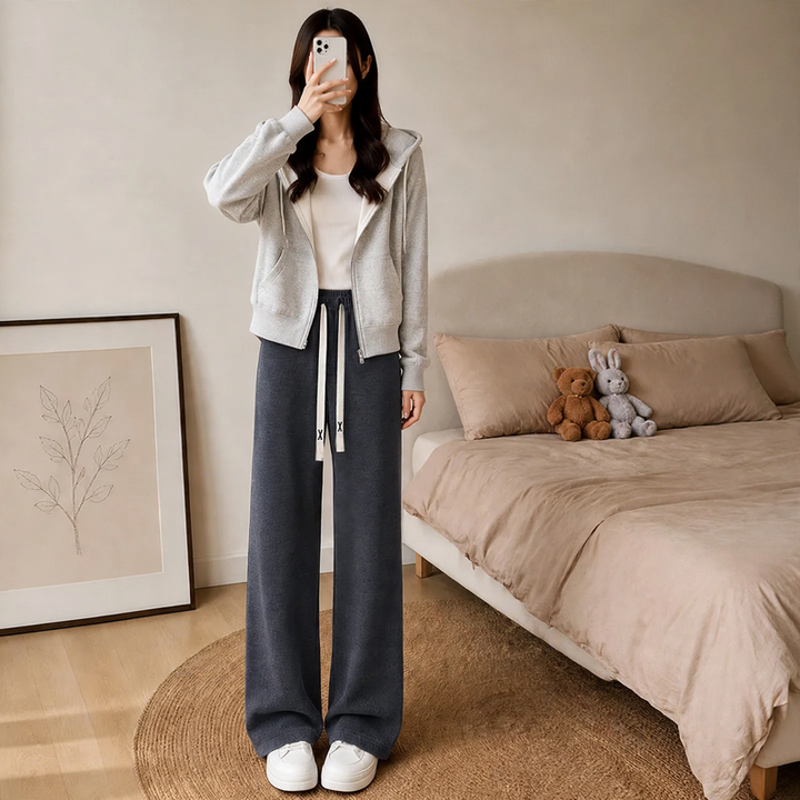 Padded chenille wide-leg trousers with high waist