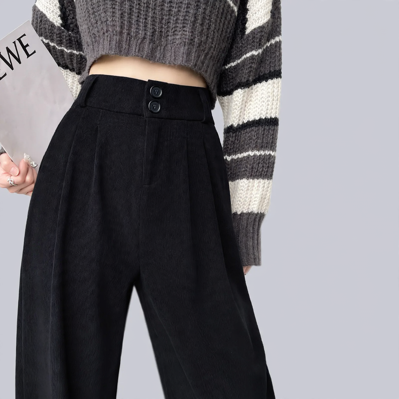 Chenille fabric trousers with high waist, straight cut