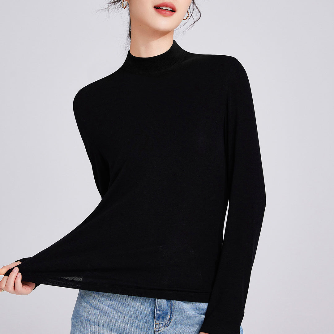 Women’s long-sleeve shirt made of wool blend with stand-up collar