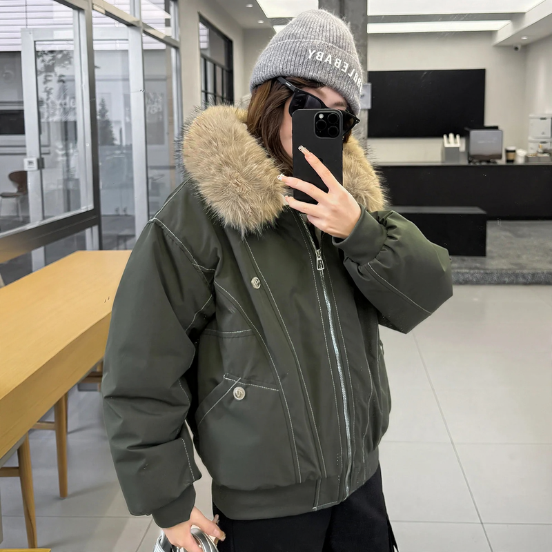 Short women's winter jacket in American style with faux fur