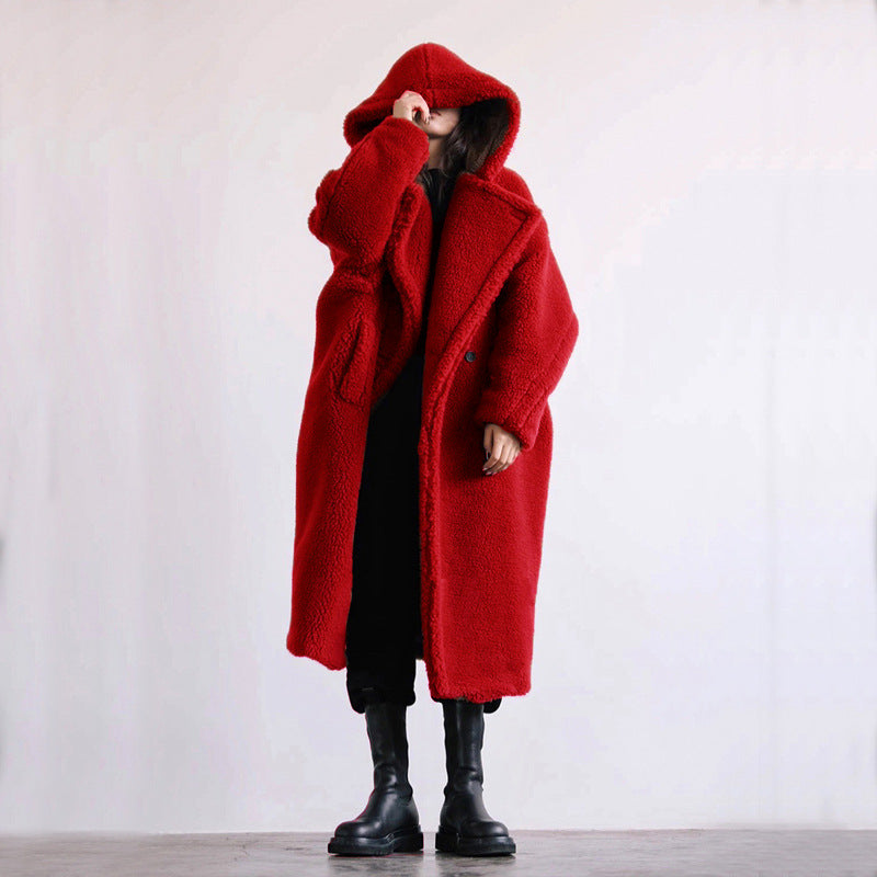 Women’s faux fur coat, mid-length, with hood and lambskin look
