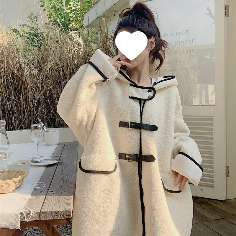 Lammfleece imitation coat with hood, mid-length